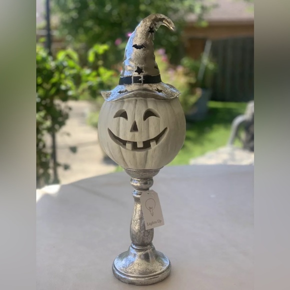 19.5in Halloween Pumpkin Wearing Witch Hat Lantern Silver and White Accents